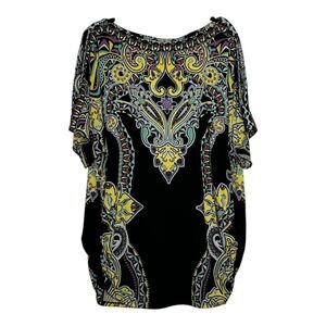 Roz & Ali Woman 2X Paisley Print Cold Shoulder Rhinestone Boat Neck Blouse Top